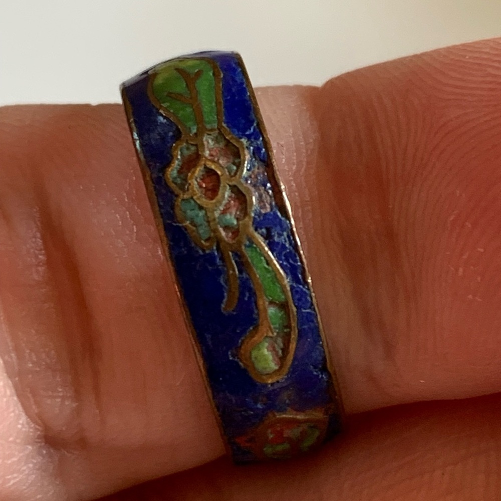 Cloisonné Ring Colored Enamel Inlay Flowers Vintage Size 6 - Picture 5 of 7